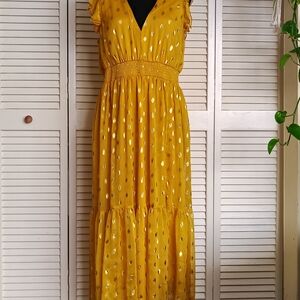 Lulus Yellow Sleeveless Dress with Gold Polka Dots